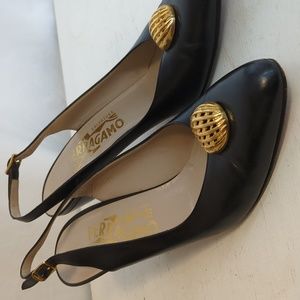 Ferragamo Black Leather Sling Back Heels with Gold Accent Size 7 AA